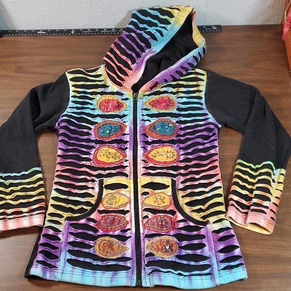 🔥Bohemian Hippie Tie-Dye Painted Distressed Black Full Zip Hoodie Small